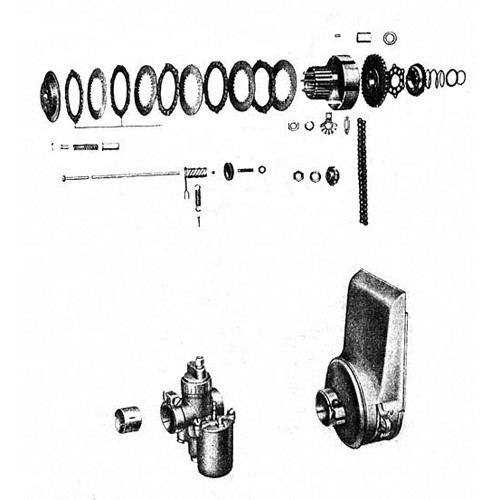 Embrayage, carburateur, filtre à air humide 